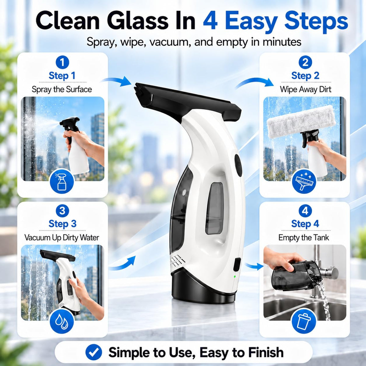 Window Vacuum Squeegee Cordless, 2000Pa Electric Window Cleaner