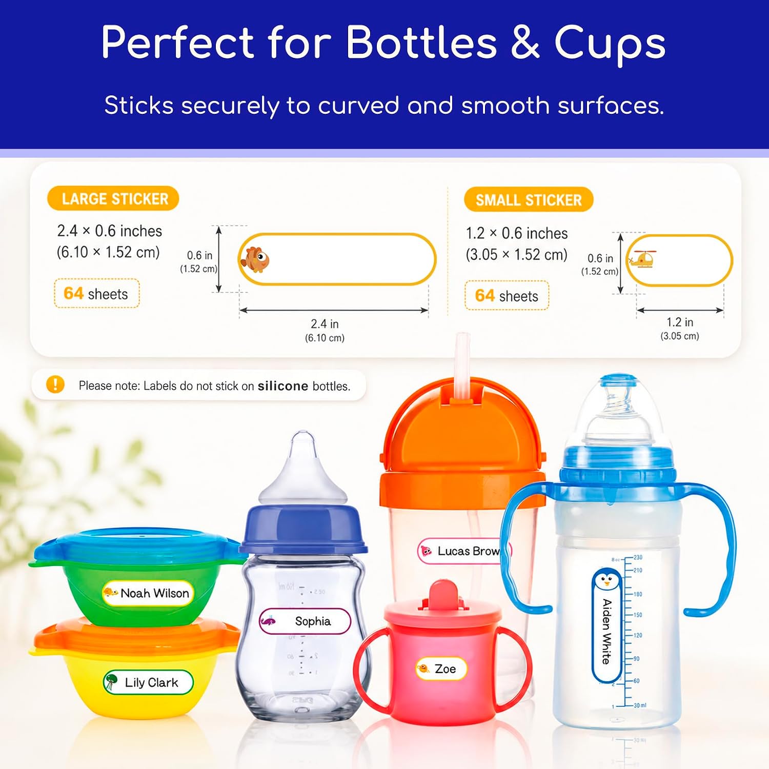 Baby Bottle & Daycare Name Labels, 64-Pack | Self-Laminating Waterproof Stickers, Dishwasher Safe Write-On Tags for