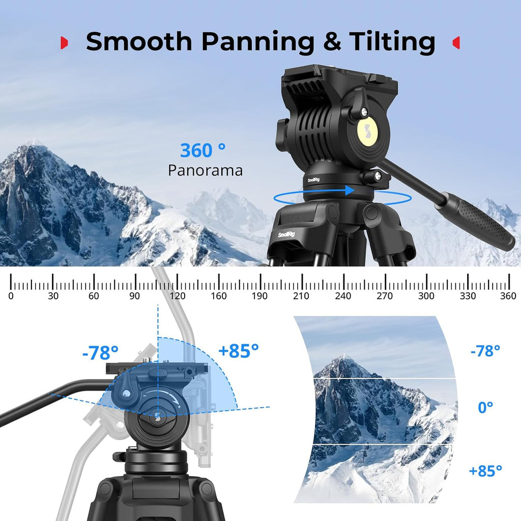 73''/186cm Heavy Duty Aluminum Alloy Video Tripod, Max Load 8kg (18lbs), Fluid Head with +85° to -78 Tilt Range