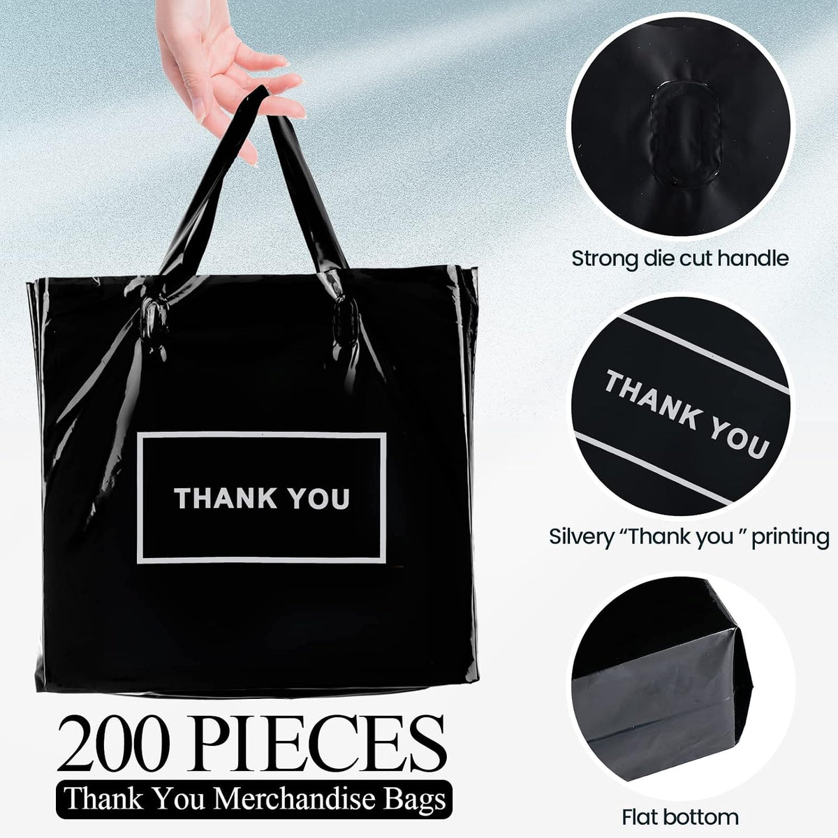 200 Pack Thank You Bags, Black Plastic Retail Bags with Handles