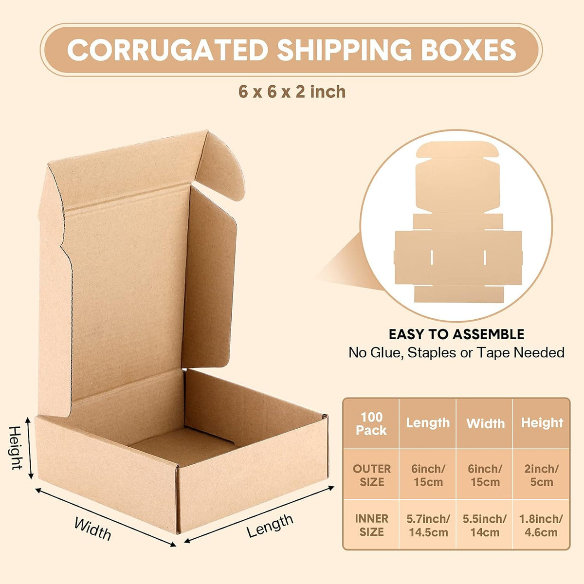 100 Pcs Small Shipping Boxes, 6 x 6 x 2 Inches, Brown