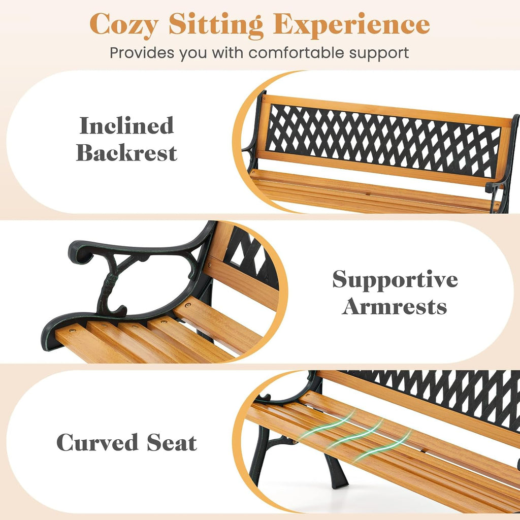 49.5" 3-Person Outdoor Bench with Lattice Pattern Backrest, 470 Lbs Capacity, Slatted Seat, Curved Armrests, Cast