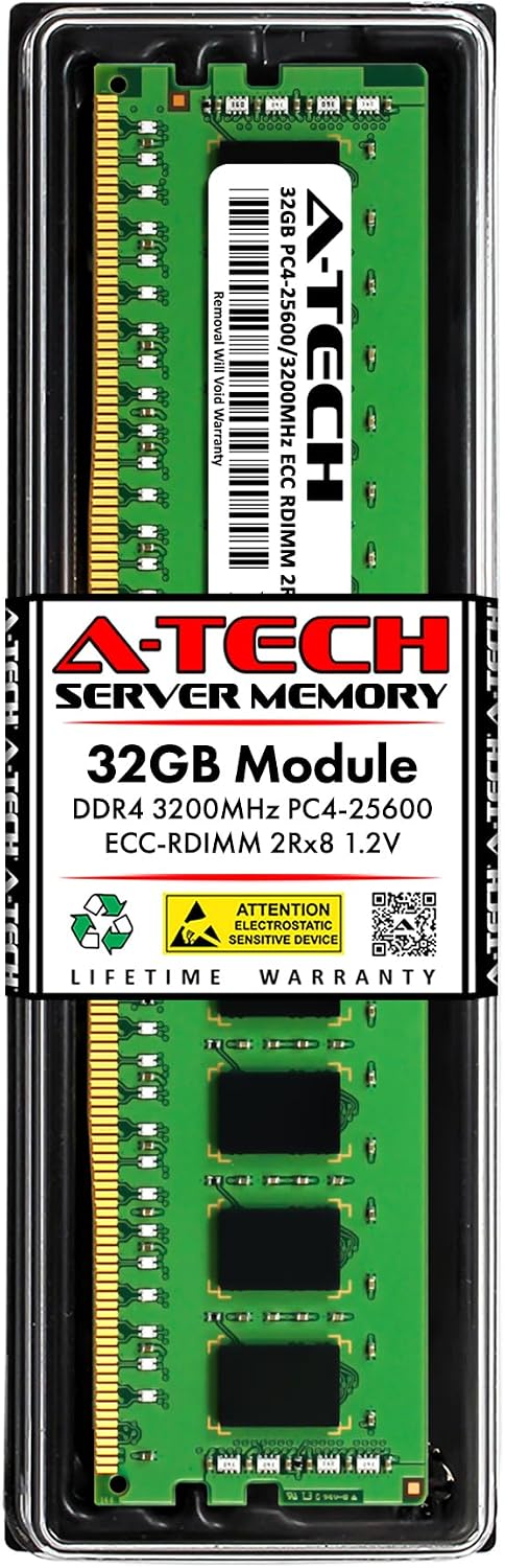 A-Tech 32GB DDR4 3200MHz PC4-25600 ECC RDIMM 2Rx8 Dual Rank 1.2V ECC Registered DIMM 288-Pin Server & Workstation RAM Memory Upgrade Module (A-Tech Enterprise Series)