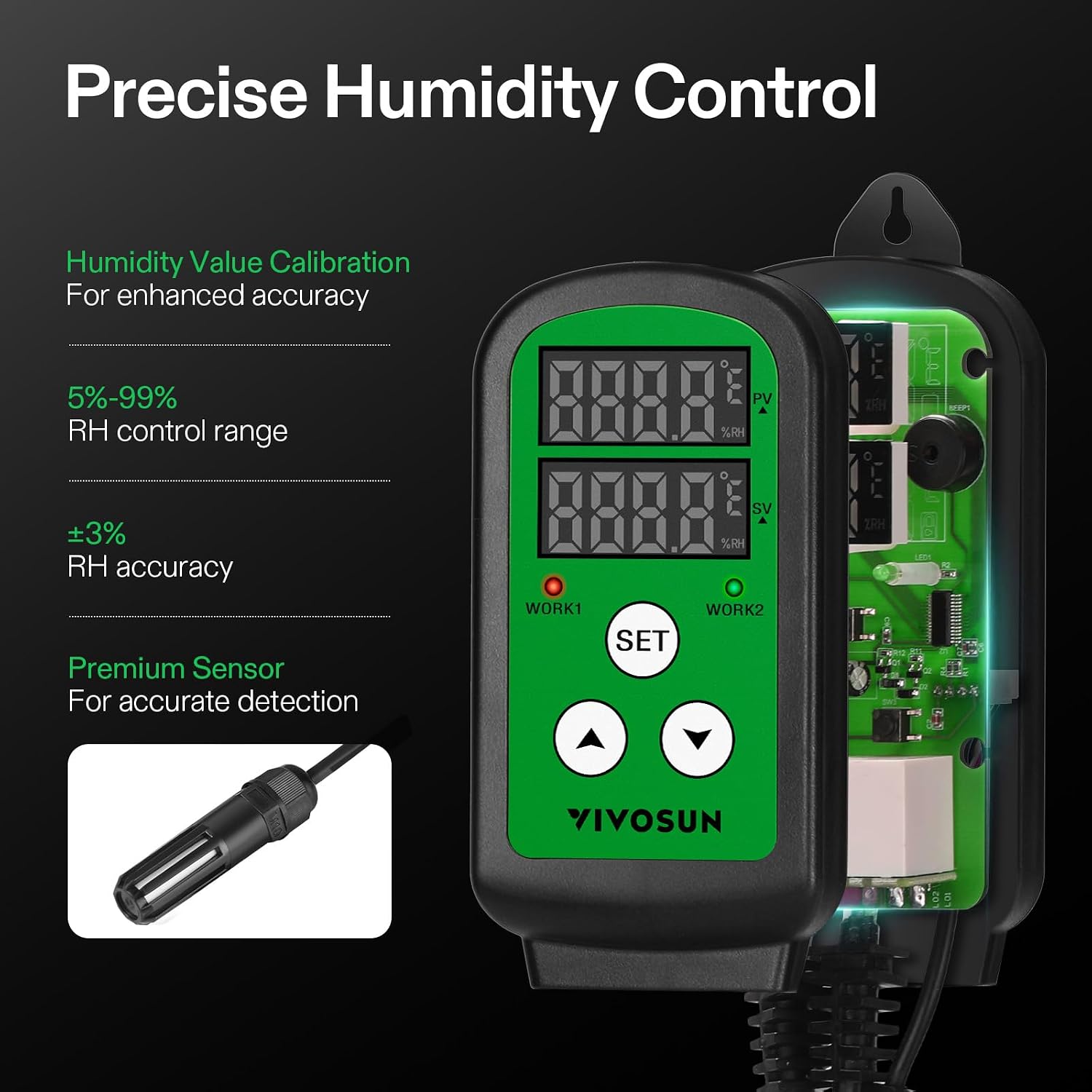 Humidity Controller, 1200W Dual-Stage Outlet, Pre-Wired Digital Humidistat with Dual LED Displays for
