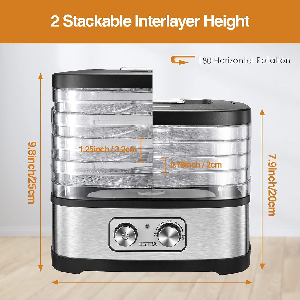 Food Dehydrator, 5 Trays, 240W Dryer for Jerky, Fruit & Veggies | BPA-Free Trays | 95-158℉ Temp | 72H Timer | 360°