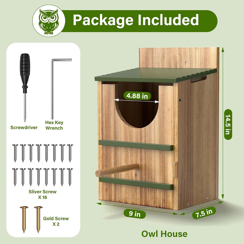 Owl House for Outside, Large Cedar Nesting Box Bird House for Screech Owl, Barred Owl, Kestrel, Weather-Resistan