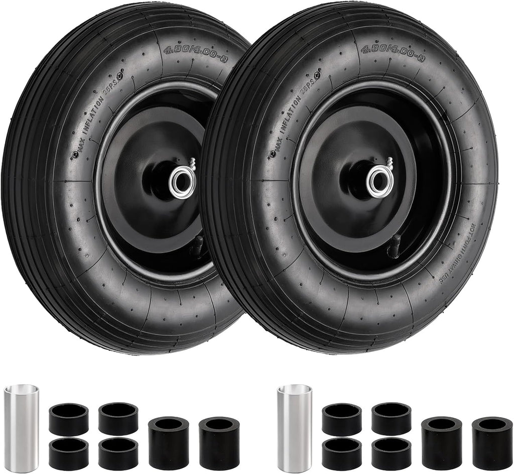 4.80/4.00-8 Tire and Wheel, 16" Pneumatic Wheelbarrow Tires, 2 Pack | Wheel Barrow Wheels and Tires, 3" Centered Hub