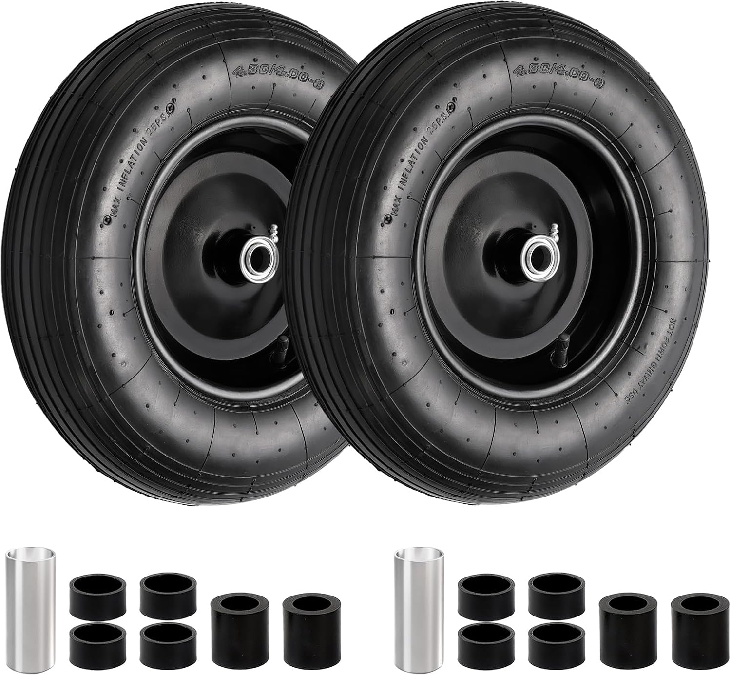 4.80/4.00-8 Tire and Wheel, 16" Pneumatic Wheelbarrow Tires, 2 Pack | Wheel Barrow Wheels and Tires, 3" Centered Hub