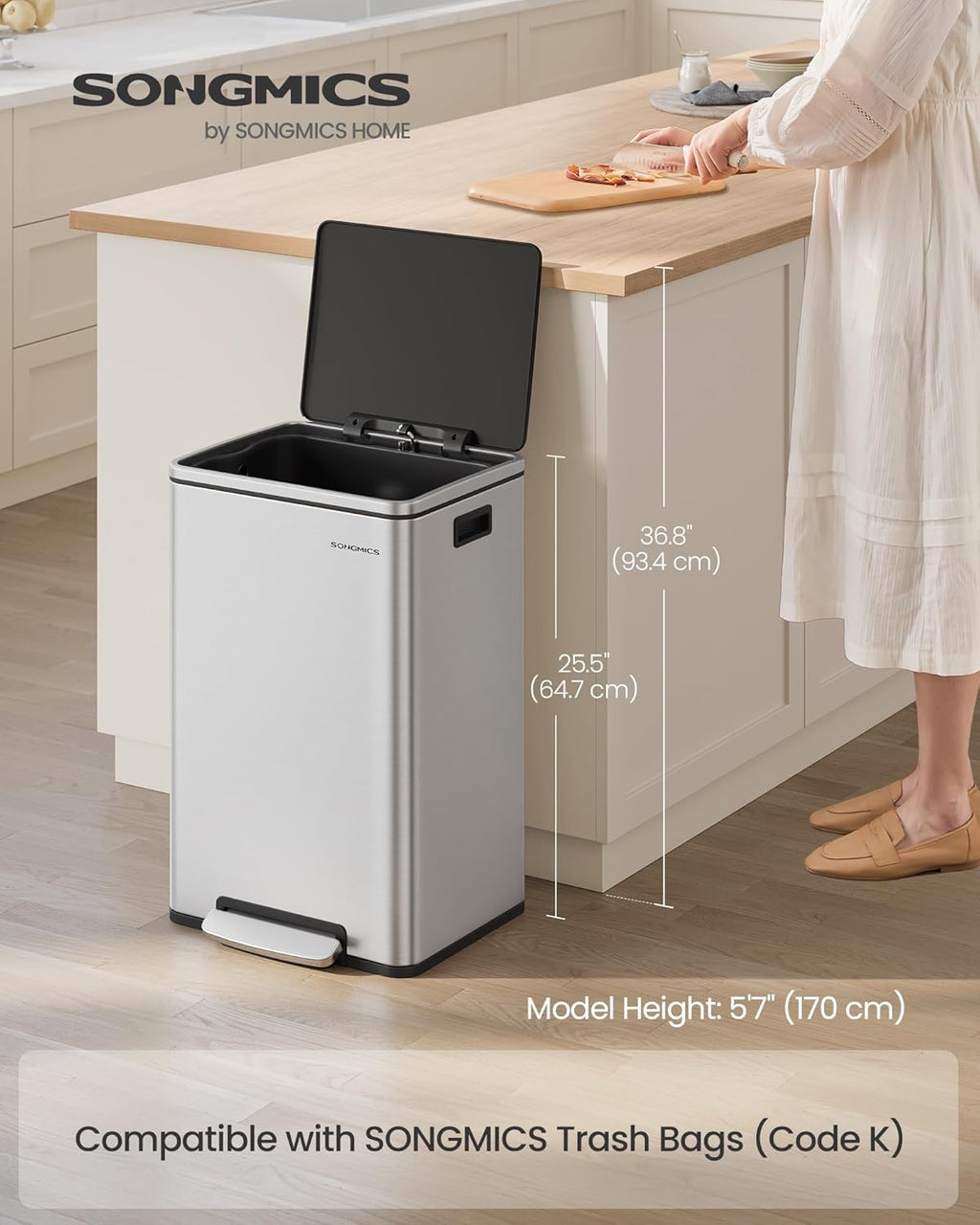 Trash Can, 13-Gallon Gabbage Can, with 15 Trash Bags, Stainless Steel, with Soft-Close Lid, Removable Inner Bucket