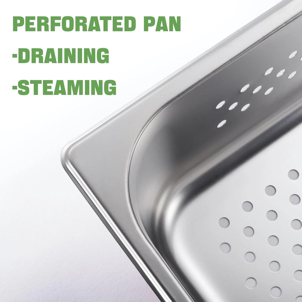 Full Size 4" Deep Perforated Hotel Pan with 6" Deep Water Pan & Clear Lid, Display Tray Condiment Serving Container