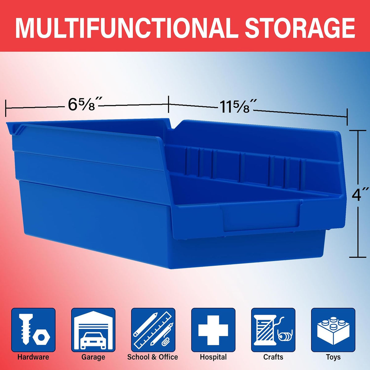 Heavy Duty Plastic Shelf Bins, 12"x 6.5"x 4", Yellow, 12-Pk