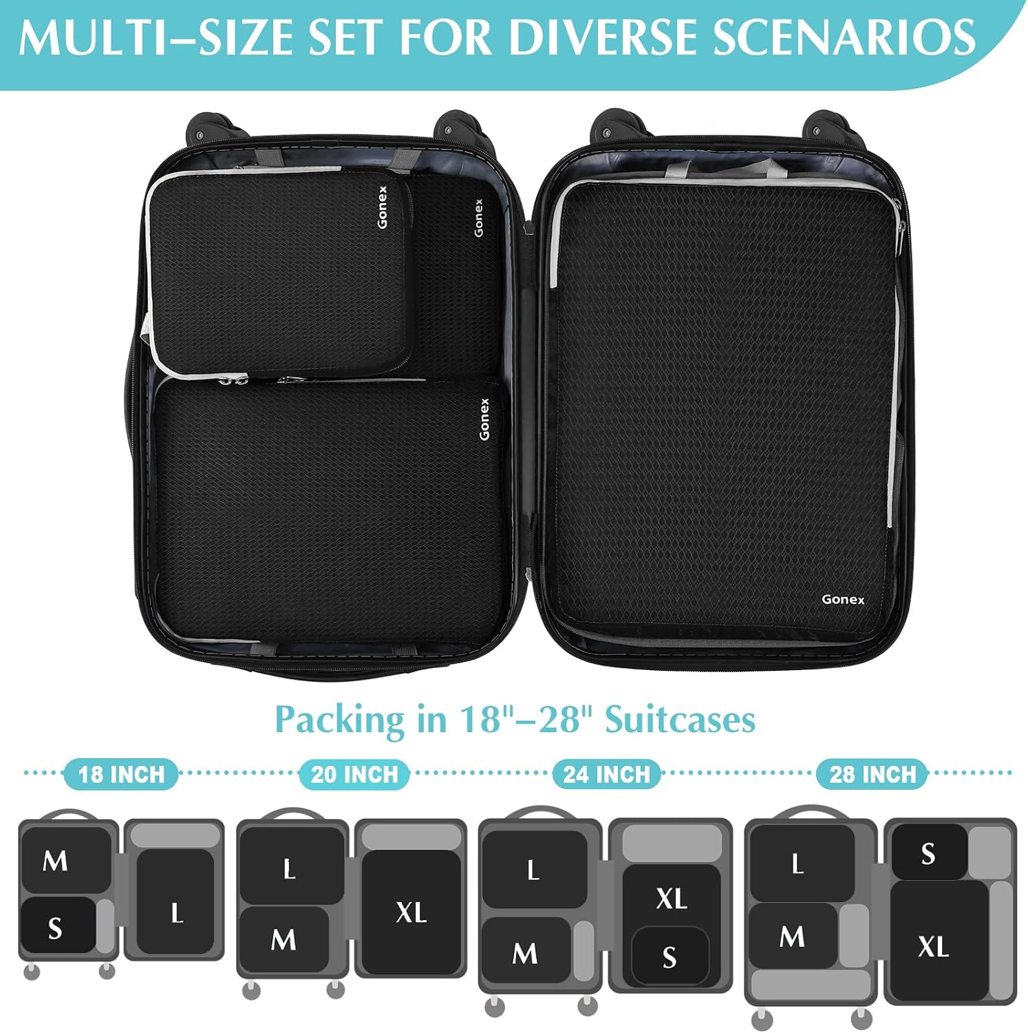 Compression Packing Cubes, 4pcs Expandable Storage Travel Luggage Bags Organizers(Black)