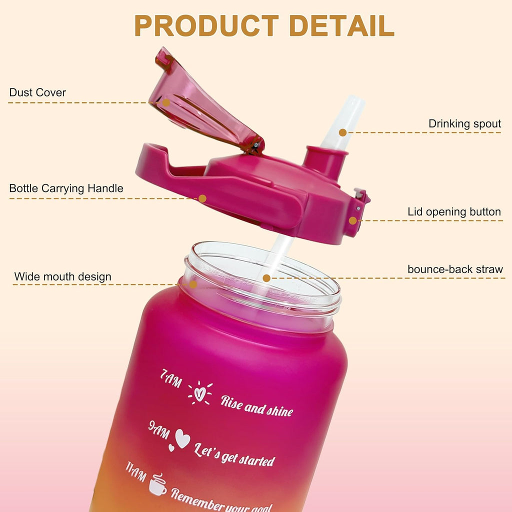 64 oz Motivational Water Bottle with Straw & Time Marker, Large BPA Free Leakproof Water Jug, Half Gallon Sports