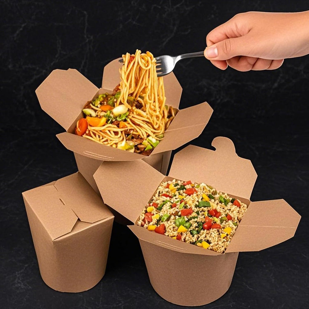25 Pack 26 Oz Small Chinese Take Out Boxes, Leak and Grease Resistant Kraft Paper Takeout Food Containers, Stackable