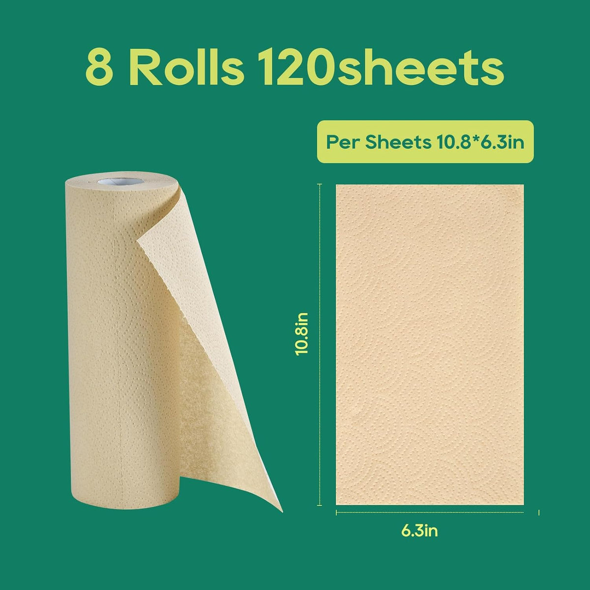 Bamboo Paper Towels, 8 Rolls, 2 Ply 120 Sheets, Nature