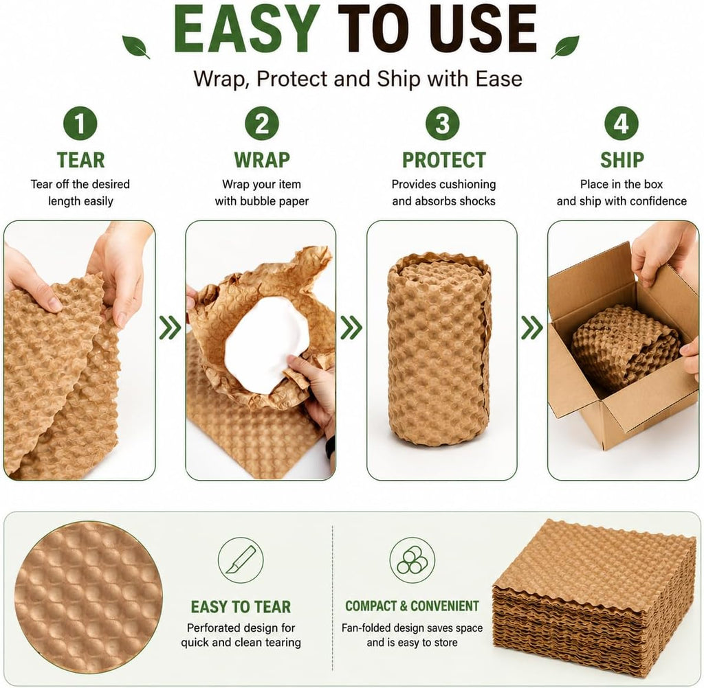 Bubble Paper Wrap Sheets for Packing, Moving, 12" x 12" 100 Sheets | Kraft Packing Paper Cushion Wrap,Recyclable