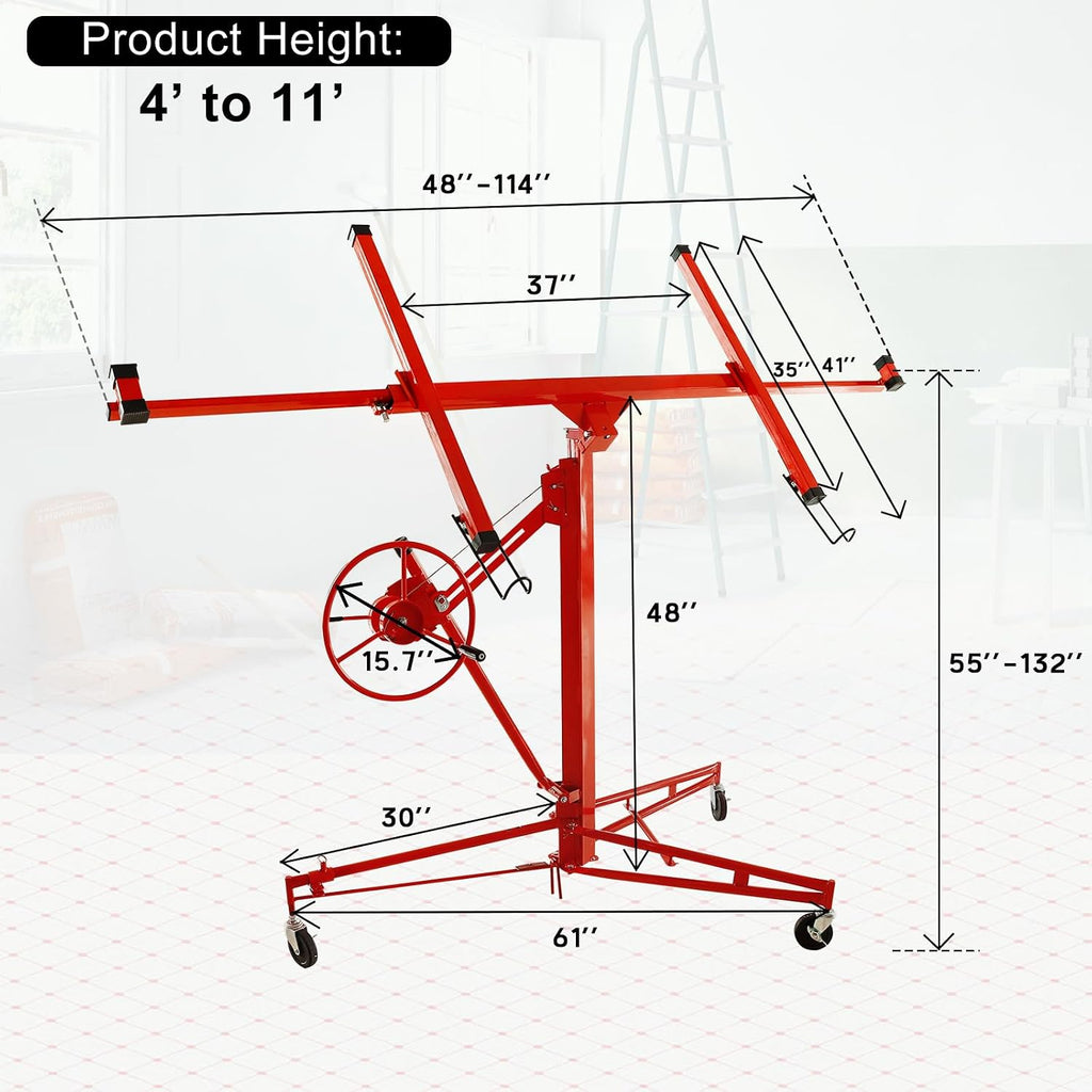 11FT Drywall Lift Panel Hoist Dry Wall Rolling Caster Lifter Lifter Construction Tool Adjustable Telescopic Arm 150LB