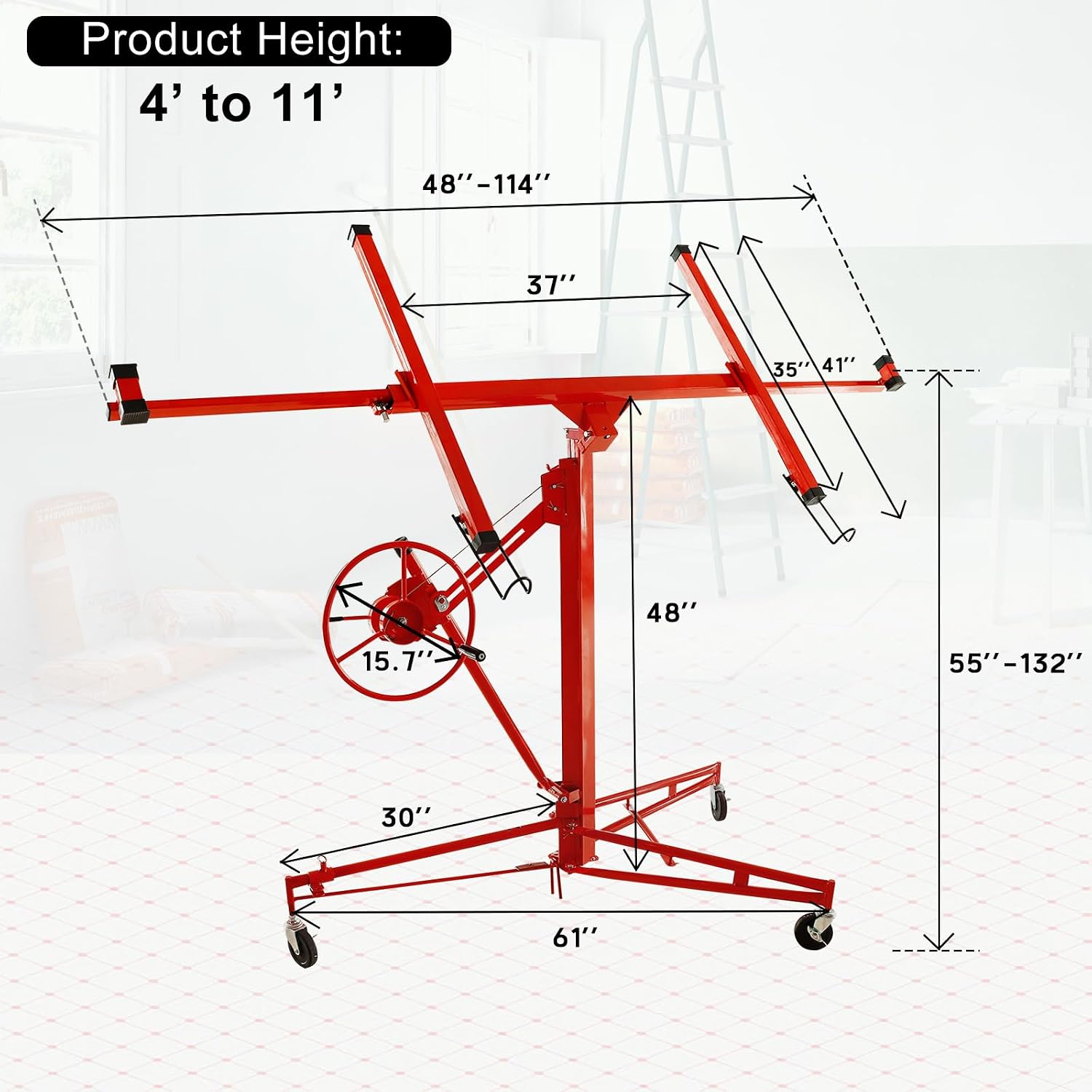 11FT Drywall Lift Panel Hoist Dry Wall Rolling Caster Lifter Lifter Construction Tool Adjustable Telescopic Arm 150LB