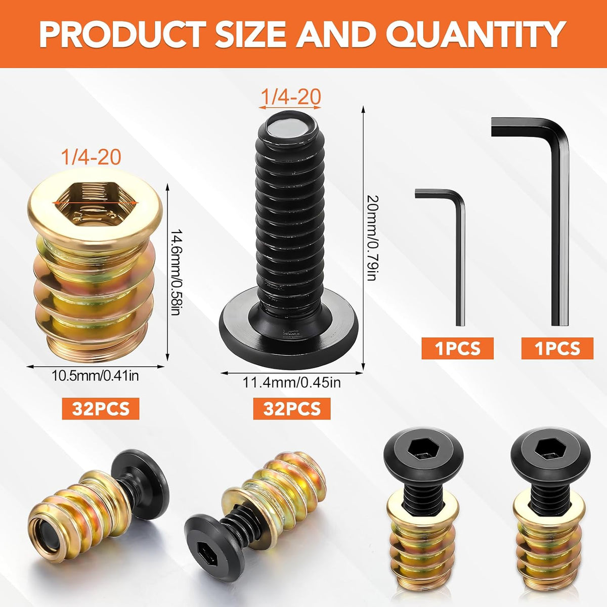 32 Sets Threaded Inserts for Wood Furniture Screws