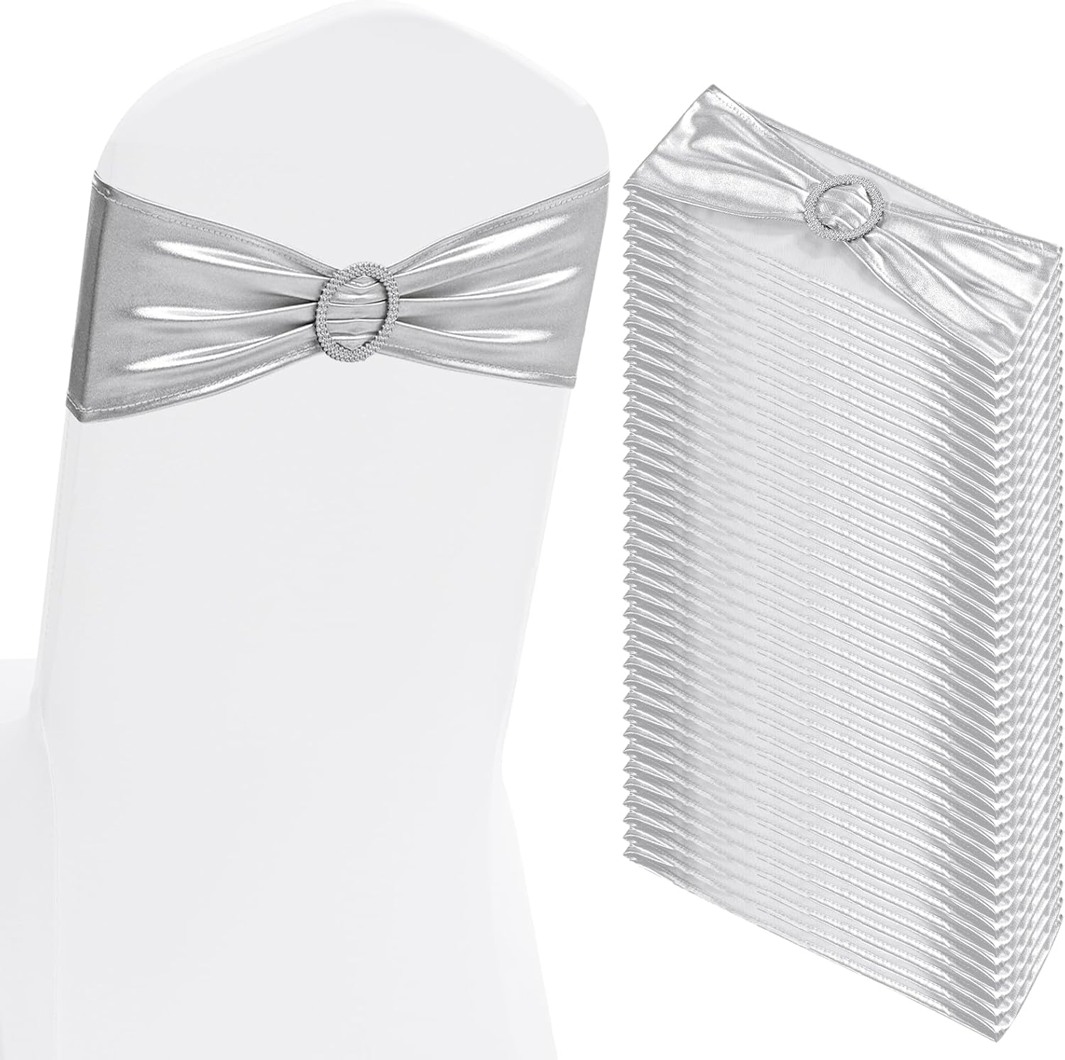 Spandex Chair Sashes Bows 100 PCS Metallic Silver