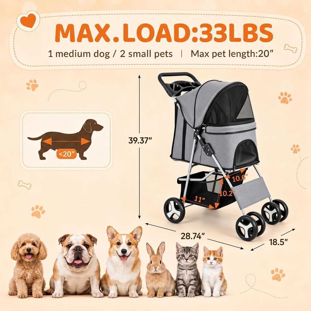 Foldable Pet Stroller, Cat/Dog Stroller with 4 Wheels