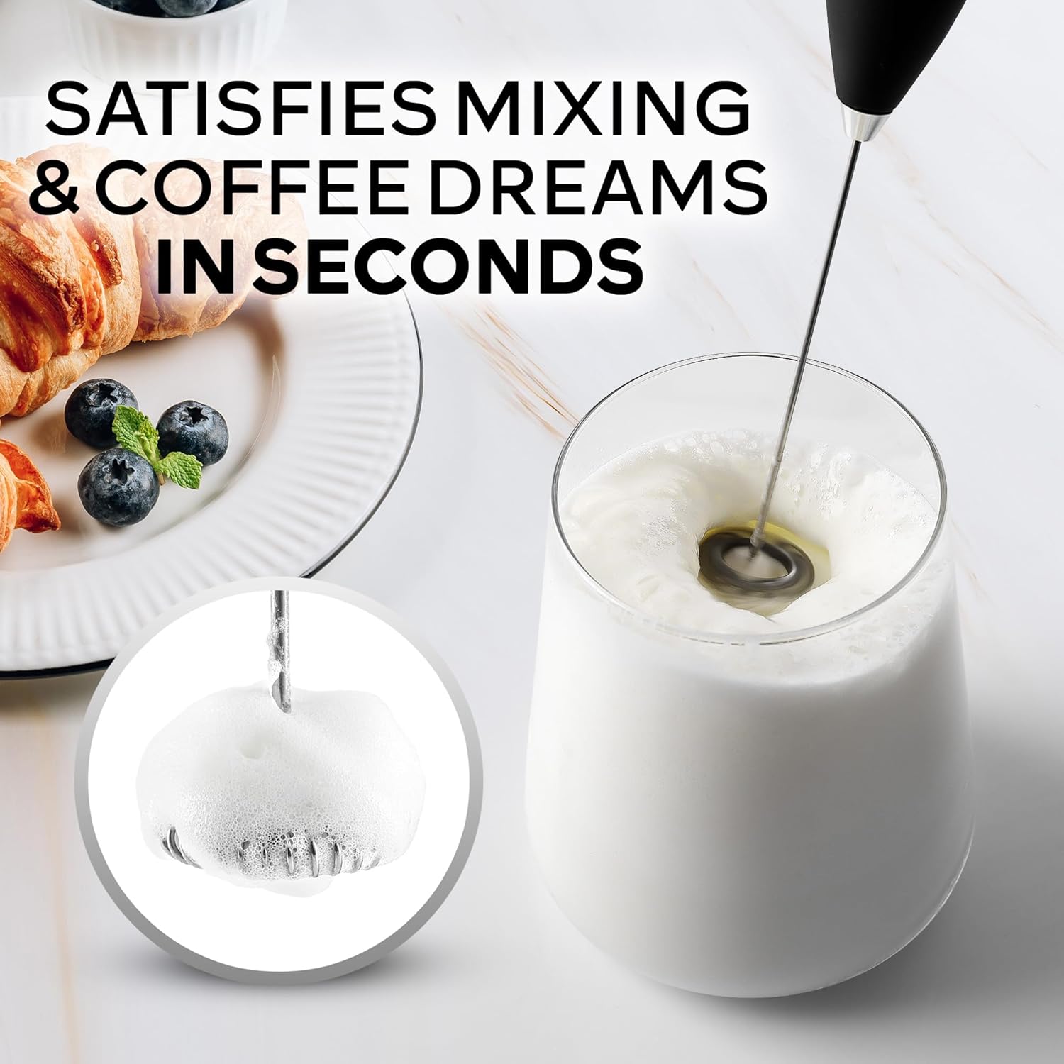 Powerful Milk Frother Wand With Duracell Batteries - Ultra Fast Handheld Drink Mixer - Electric Whisk Foam Maker for