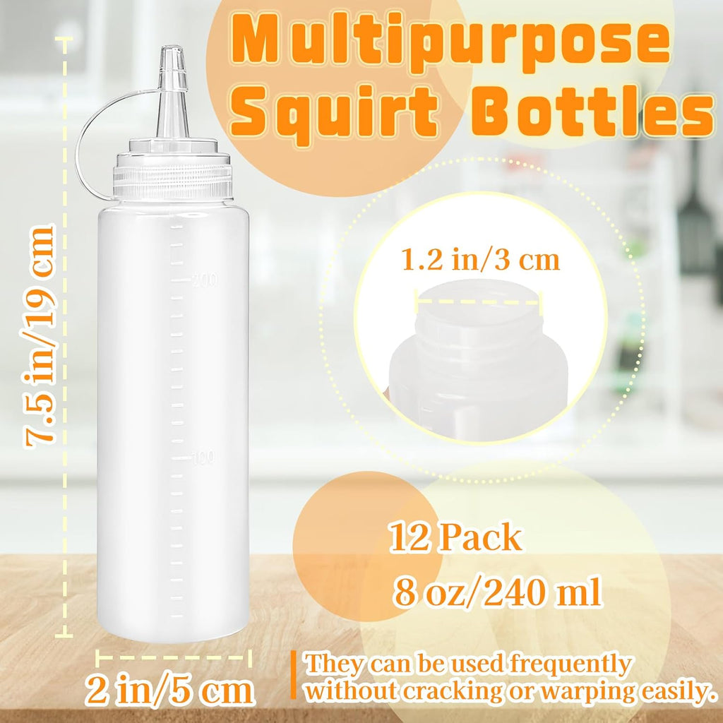 12 Pack 8 oz Plastic Condiment Squeeze Bottles,Multipurpose Squirt Bottles,Clear Sauce Bottle with Lids for