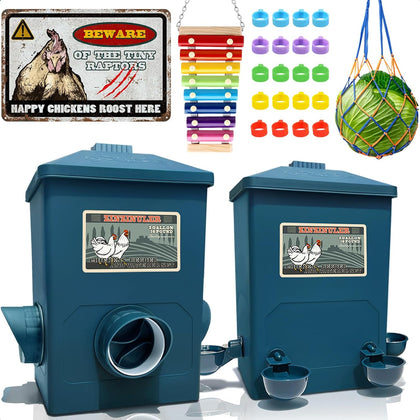Automatic Port Chicken Feeder and Cup Waterer Set - Chicken Coop Accessories, No Waste Poultry Feeder, 3 Gallon/16