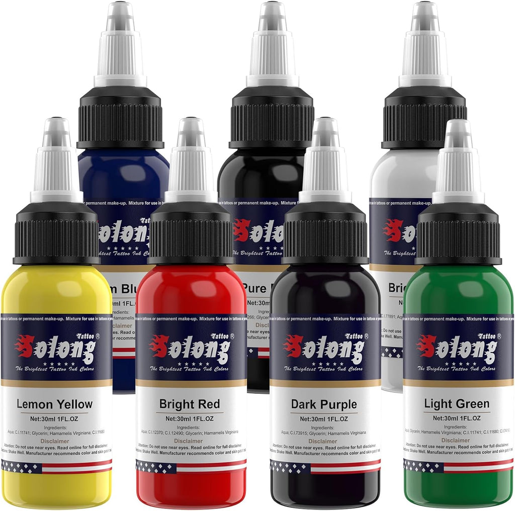 Tattoo Ink,Solong Tattoo Ink Color Set Easy to Mix Professional Tattoo Ink Set 1 OZ 7 Basic Pigment Kit Colors