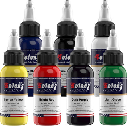 Tattoo Ink,Solong Tattoo Ink Color Set Easy to Mix Professional Tattoo Ink Set 1 OZ 7 Basic Pigment Kit Colors