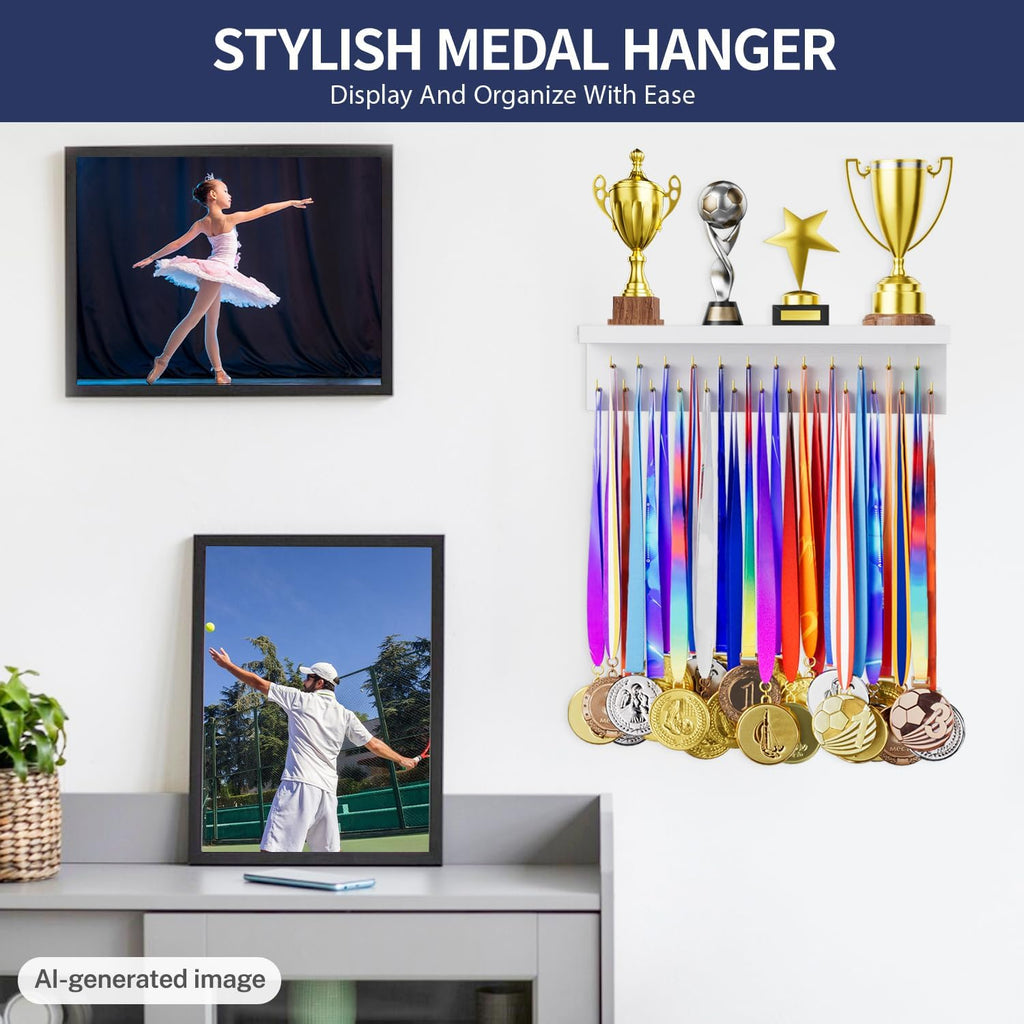 Medal Holder Display Trophy Shelf Organizer, Sturdy Wooden Race Award Hanger Rack with 25 Steel Hooks, Wall Mount