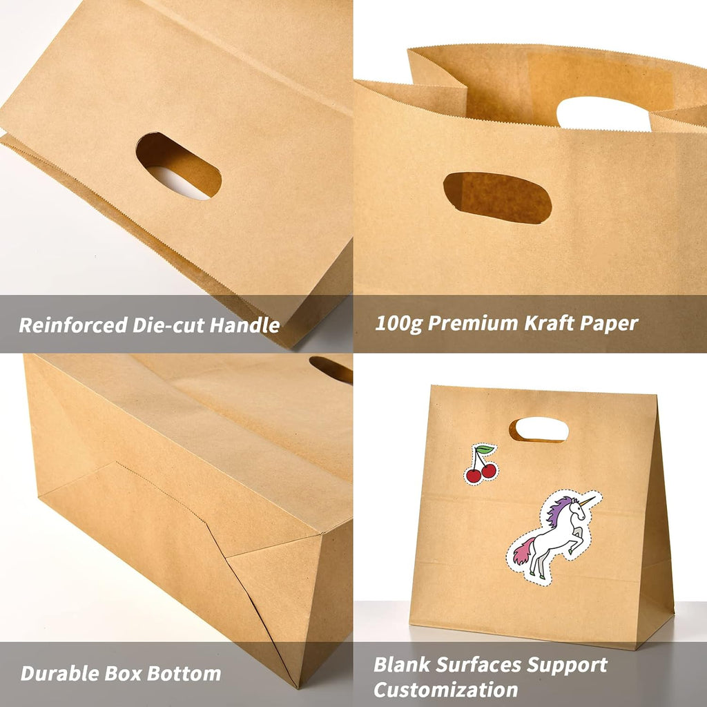 100Pcs Brown Kraft Paper Bags with Die Cut Handles 11" x 6" x 11"
