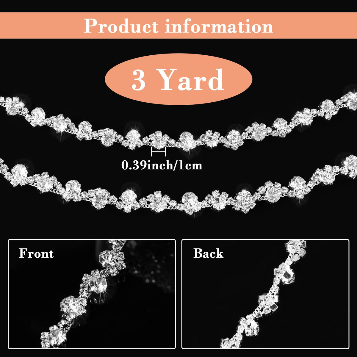 Rhinestone Trim Crystal Chain Sew on for Dress,3 Yards,White