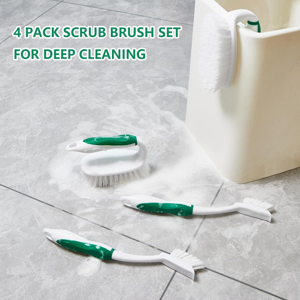 Scrub Brush Set, 4 Pack Deep Cleaning Brush Kit - 2 Scrub Brush, 2 Tile & Grout Brush with Built-in Scraper
