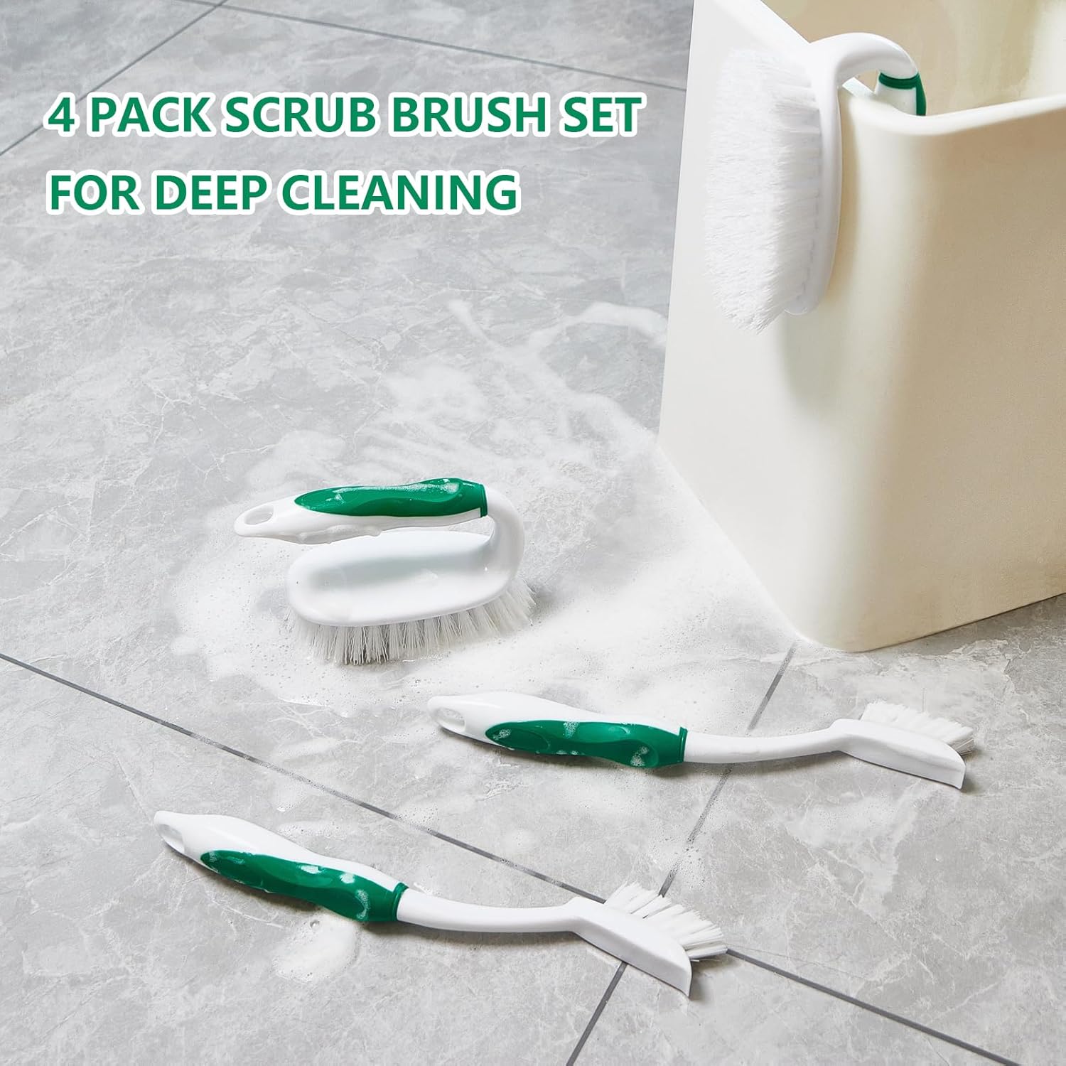 Scrub Brush Set, 4 Pack Deep Cleaning Brush Kit - 2 Scrub Brush, 2 Tile & Grout Brush with Built-in Scraper