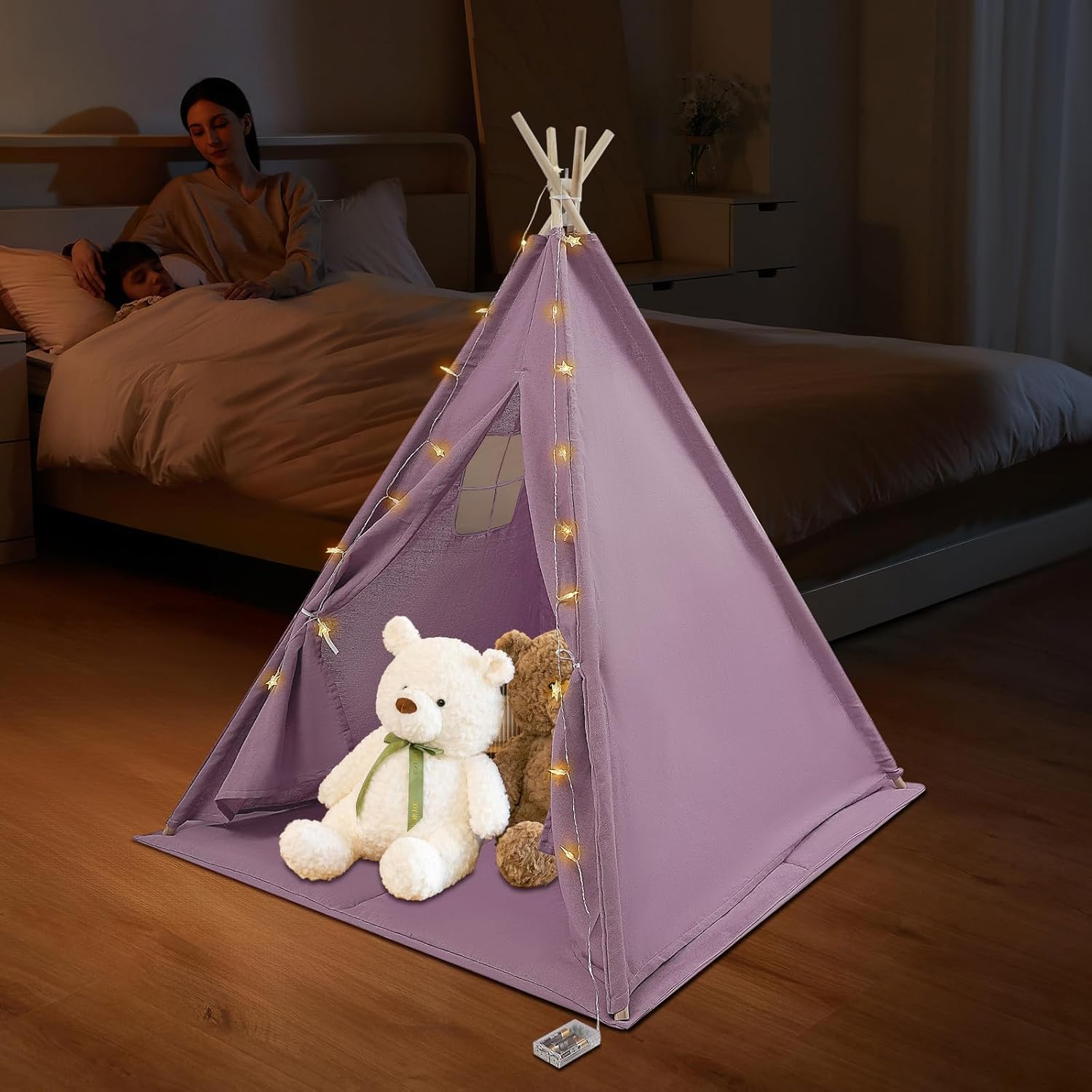 Teepee Tent for Kids with Star Lights, Foldable Play Tent for Girls & Boys, Washable Indoor Toddler Tent, Cozy Warm