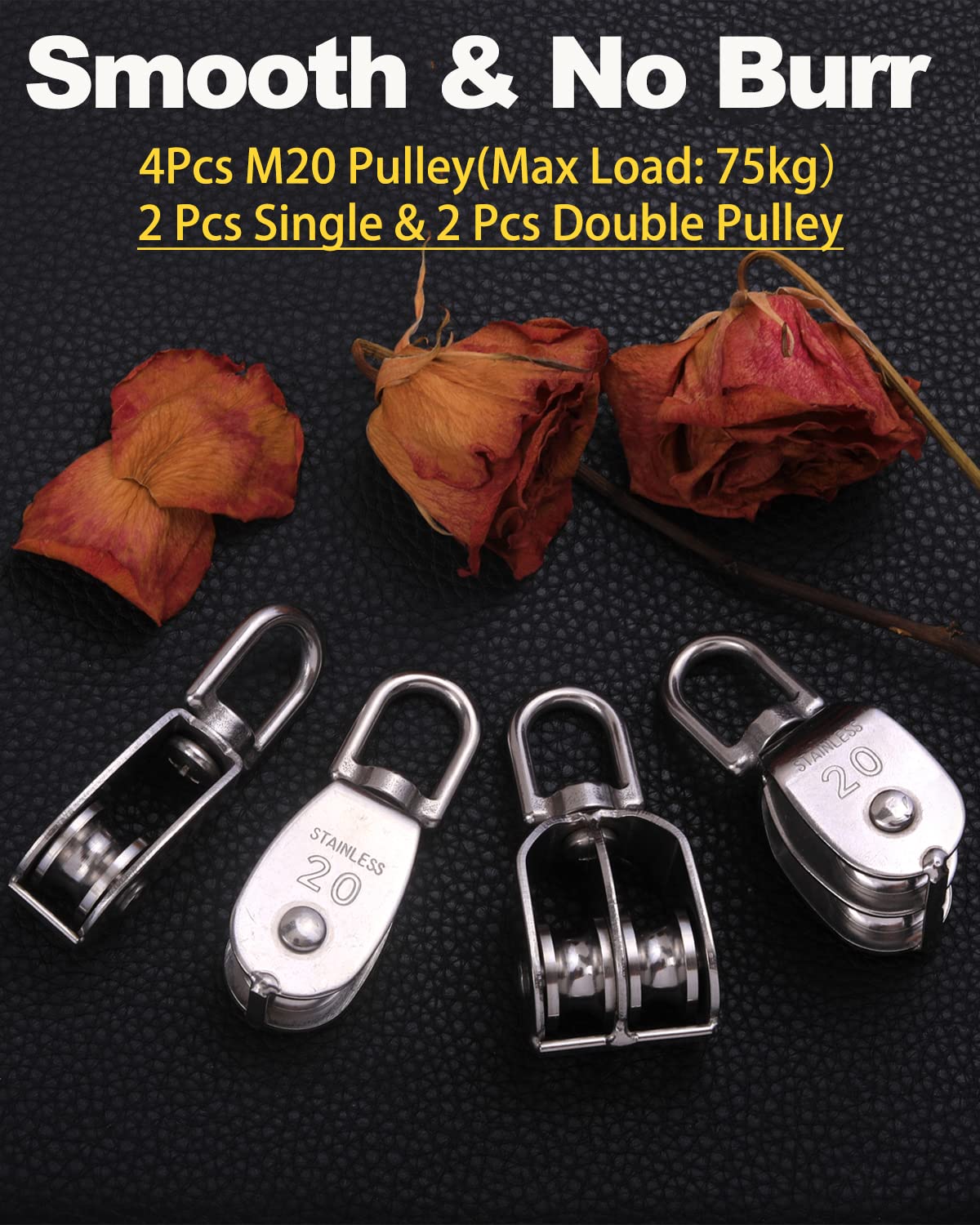 Rocaris 4 Pack M20 Pulley Block, 2 Pcs Single Pulley & 2 Pcs Double Pulley