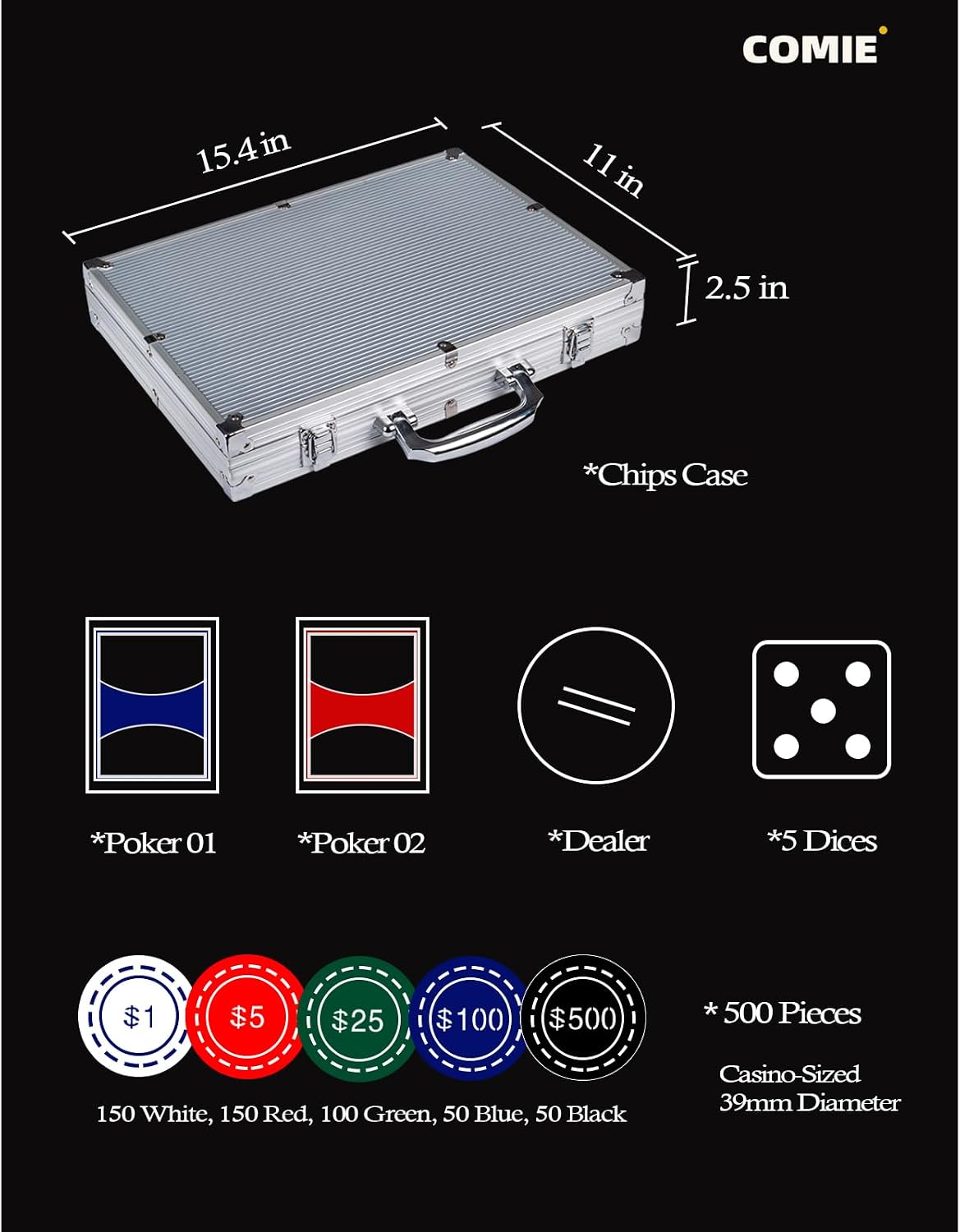 Poker Chips with Numbers,500PCS Poker Chip Set with Aluminum Travel Case,11.5 Gram Poker Set for Texas Holdem
