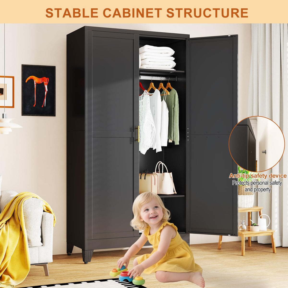 Armoire Wardrobe Closet,Bedroom Clothing Storage Cabinet Black19.7D