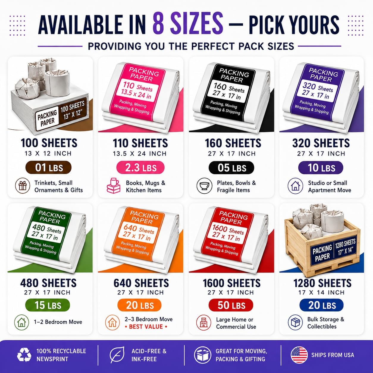 White Bulk Packing Paper Sheets for Moving | 640 sheets | 27" x 17" | 20 lb | Twin Pack | | Newsprint Wrapping Paper