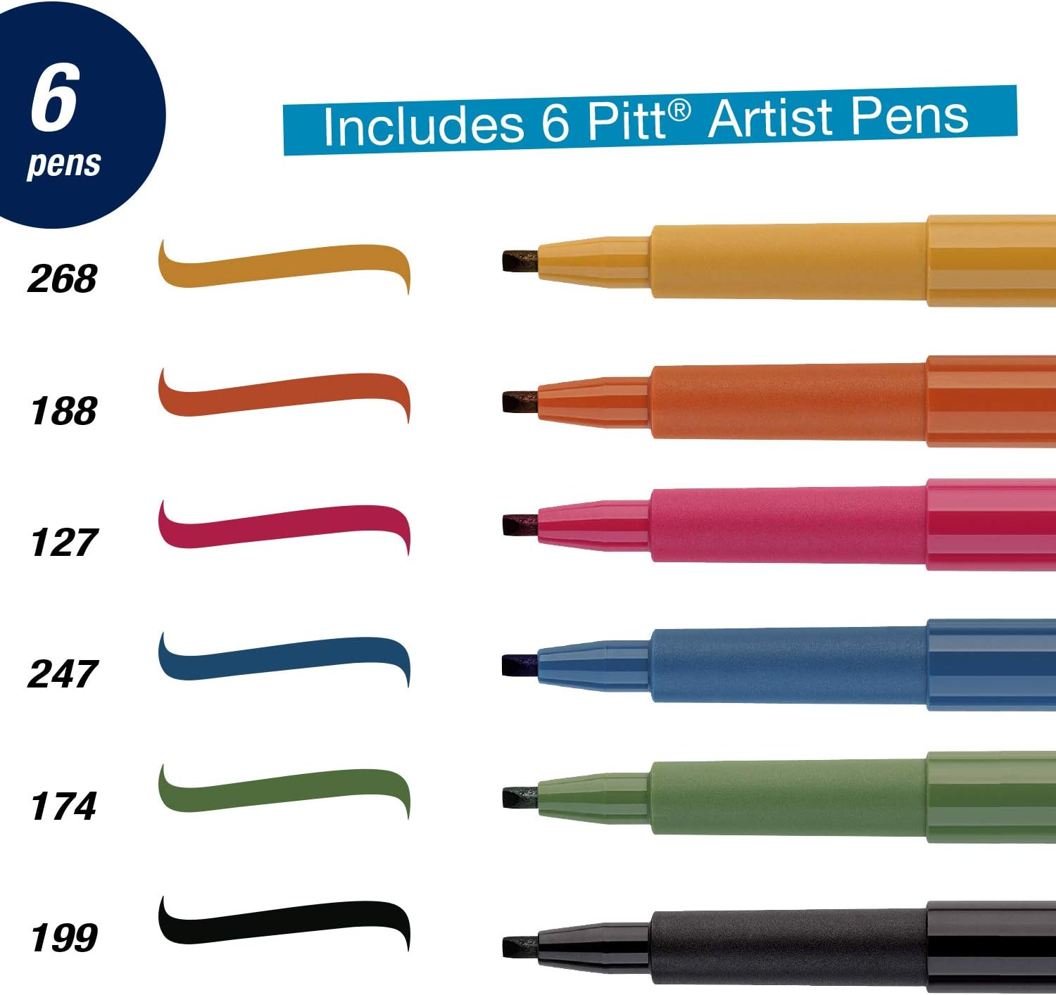 Pitt Artist Calligraphy Pens | 6 India Ink Pens, 2.5 mm Chisel Tip | Multicolor Calligraphy Pen Set for Lettering