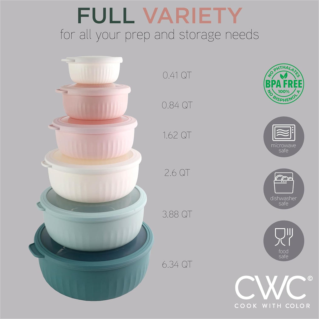 Prep Bowls with Lids- Wide and Deep Nesting Plastic Small Mixing Bowl Set with Lids, 12 Piece Set - Wide Bowls, Teal