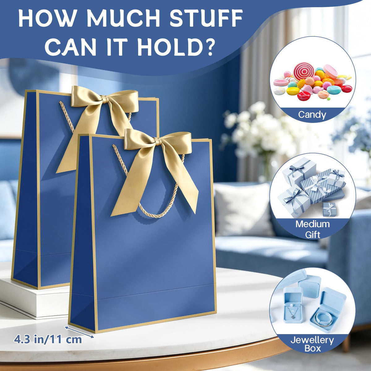 Medium Blue Birthday Gift Bags with Tissue Paper & Handles 4-Pack