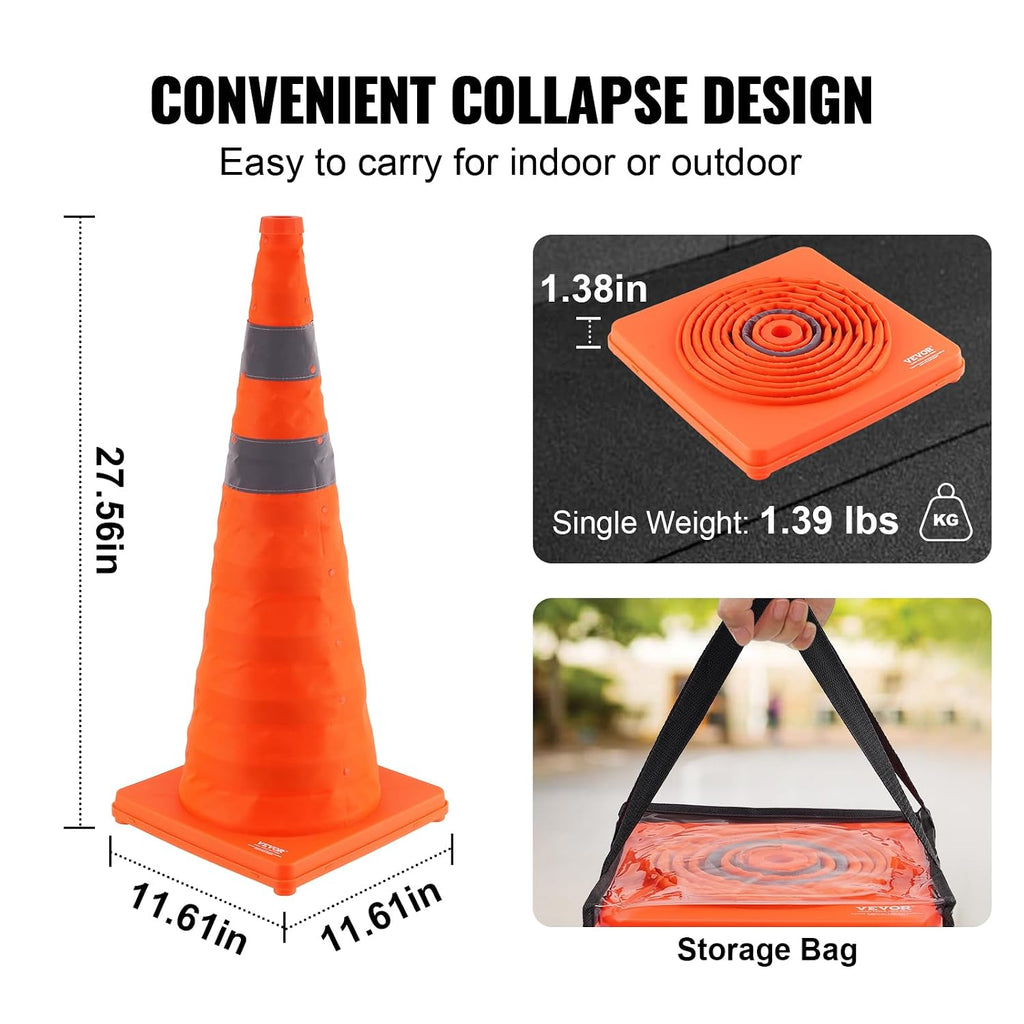 Safety Cones, 4 Pack 28 inch Collapsible Traffic Cones, Construction Cones with Reflective Collars, Wide Base and A