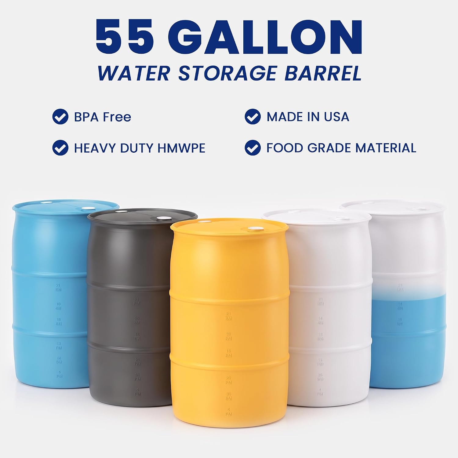 55 Gallon Water Storage Barrel, BPA Free, Emergency Water Supply - Eco Friendly - Made in USA (WHITE)