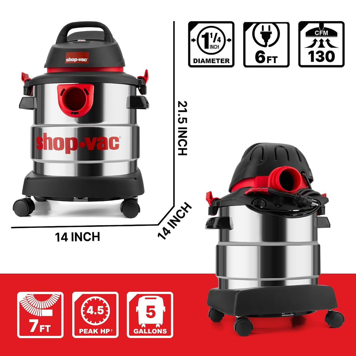 5989305 5 Gallon 4.5 Peak HP Wet/Dry Vacuum with Blower Function | Stainless Steel Tank, 1.25" x 7ft Hose, 6ft Cord