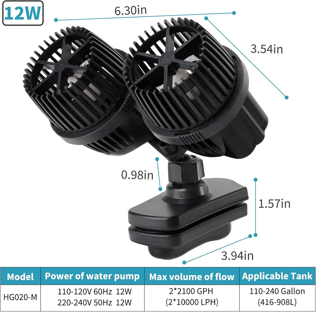 4200GPH Double Head Aquarium Circulation Pump, Quiet 12W Aquarium Wave Maker, with Strong Magnetic Suction Base