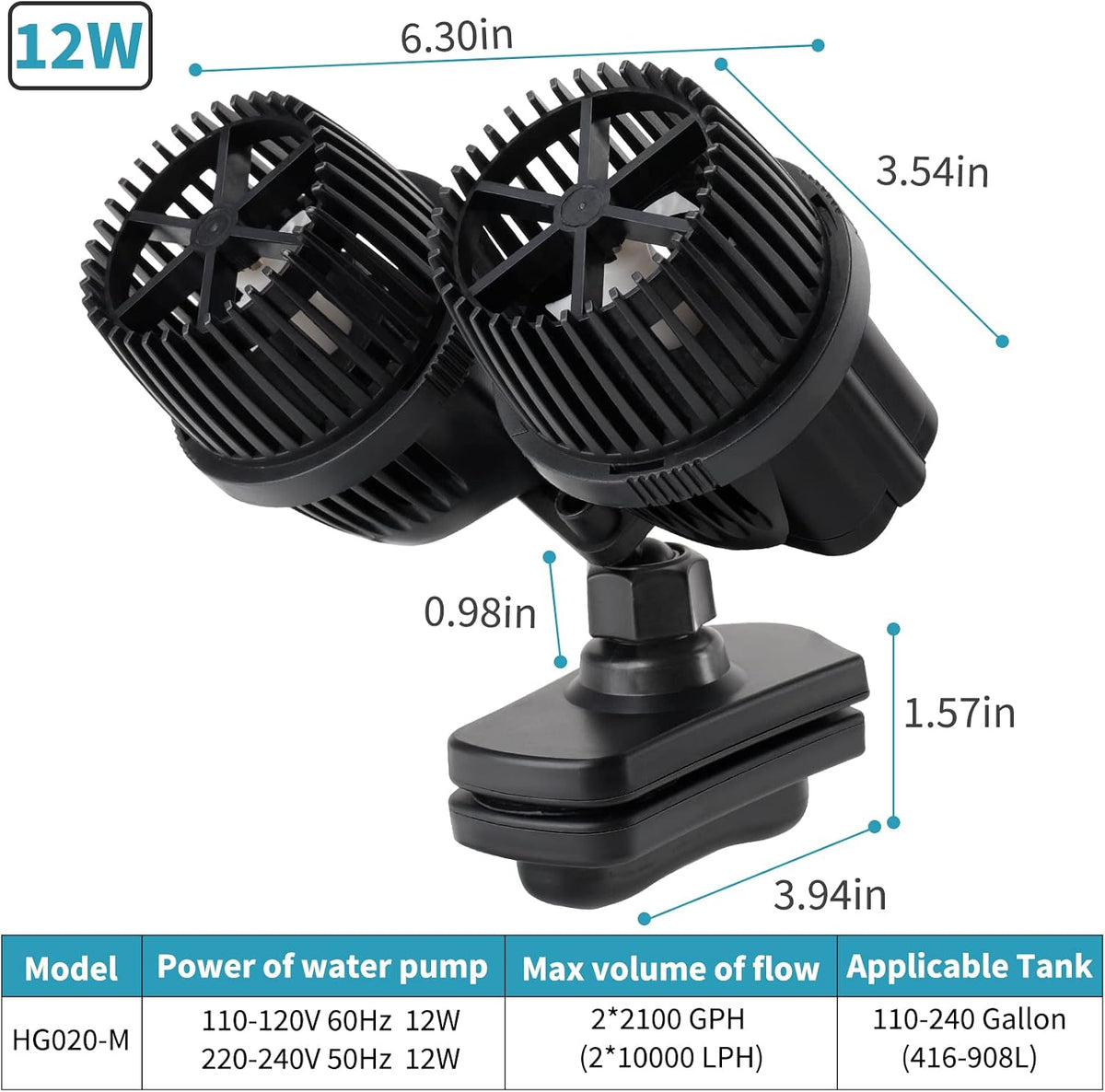 4200GPH Double Head Aquarium Circulation Pump, Quiet 12W Aquarium Wave Maker, with Strong Magnetic Suction Base