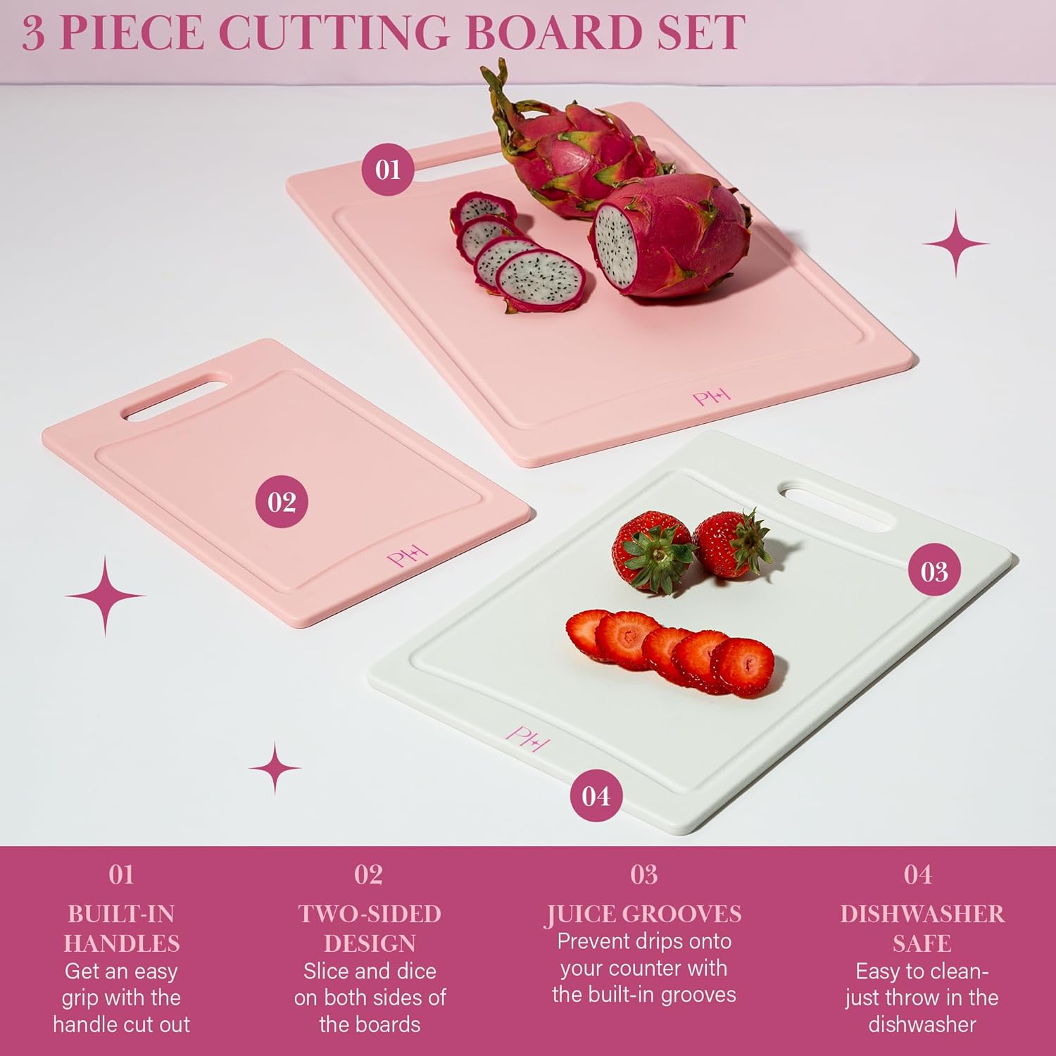 Cutting Boards for Kitchen, Reversible Dual Sided Plastic Cutting Board Set with Juice Grooves, Easy Grip Handle