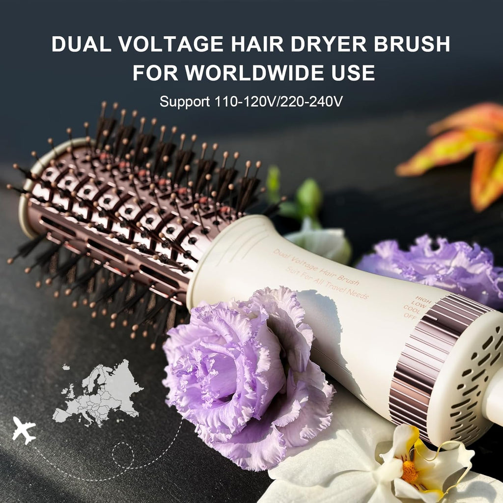 Travel Dual Voltage Hair Dryer Brush 4-IN-1 Portable Mini Hot Air Blow Dryer Straightener & Curler Brush, Titanium